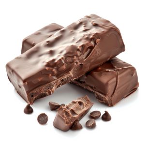 Protein chocolate bars with chocolate drops on white background